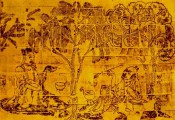 The image is a painting of 'Virtuous Men' sitting under a Ginkgo tree. Painted in brick between 770 and 446 BC.
